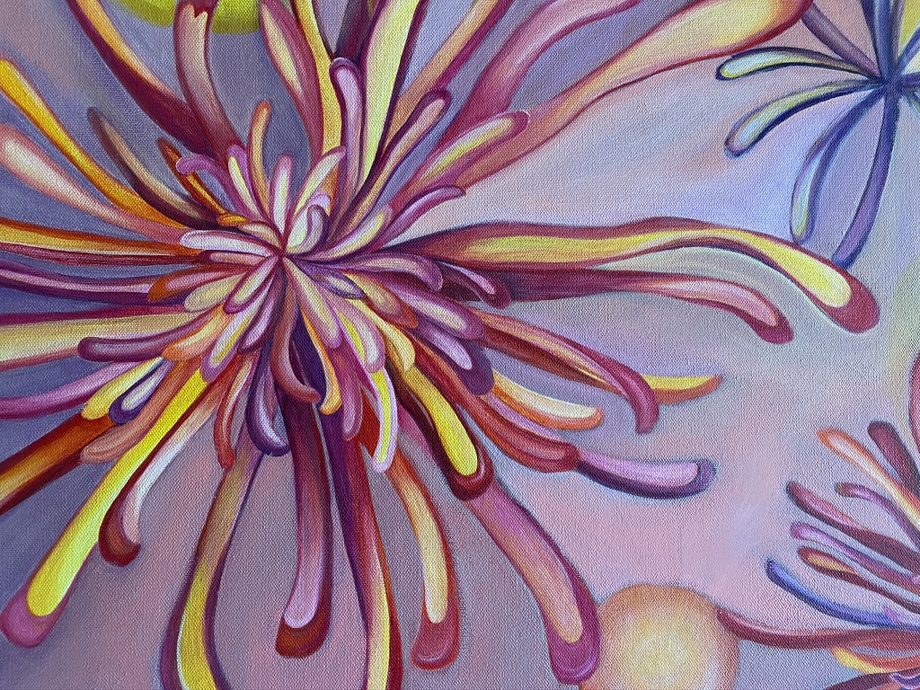 Detail large pink, deep rose, coral, purple, and yellow flowers floating through space.