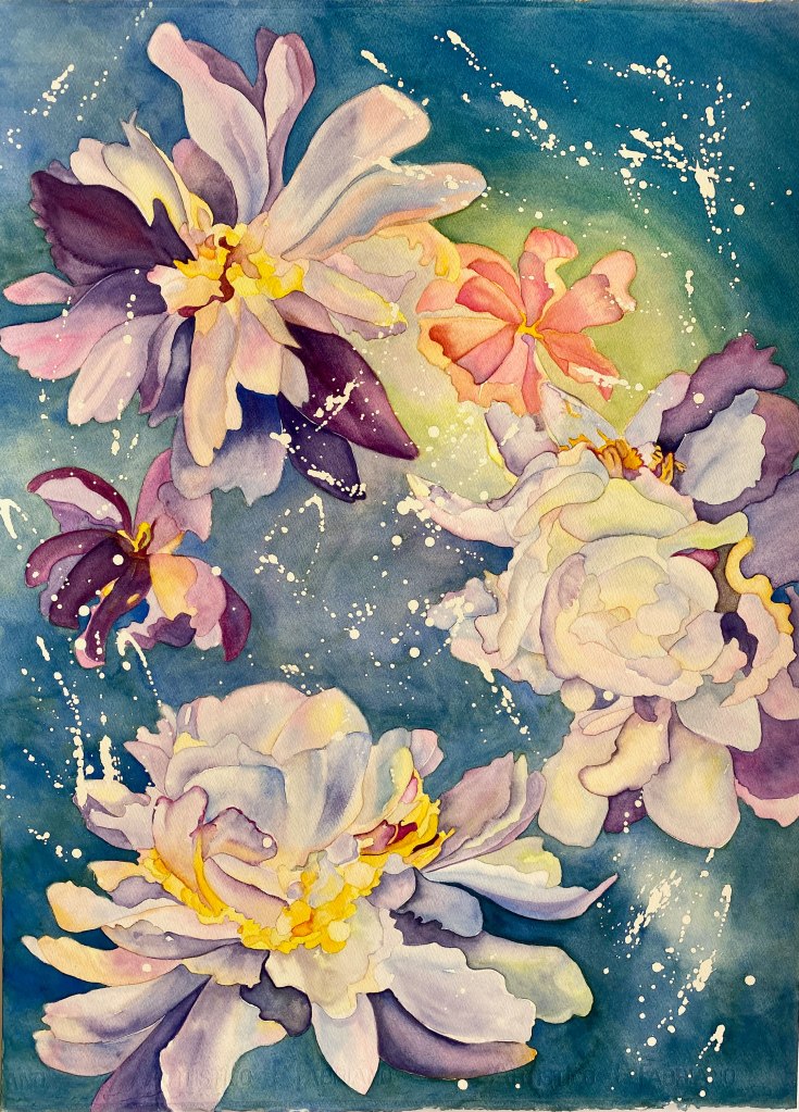 White, Pink, Blue, Purple, Yellow, And Orange Flowers Floating Through The Night Time Sky That Is Filled With The Moon And Stars.
