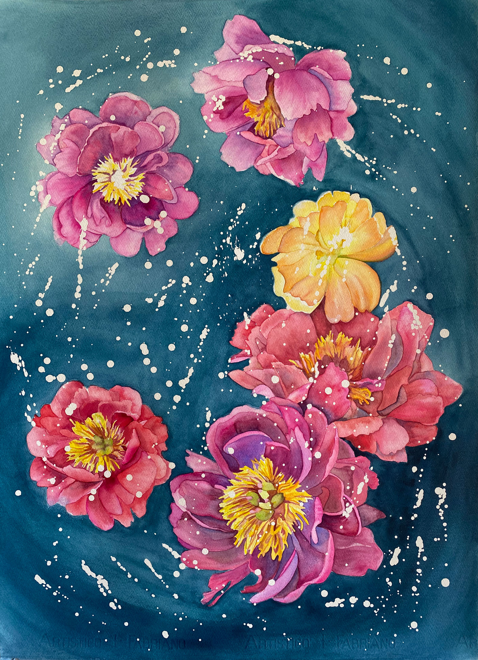 Pink, Red Violet, Yellow, And Coral Red Flowers Floating Through The Night Sky Filled With Stars.