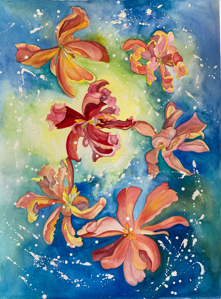 Orange, Coral, Red, And Yellow Flower Swirling Through The Air On A Yellow Green And Blue Background.