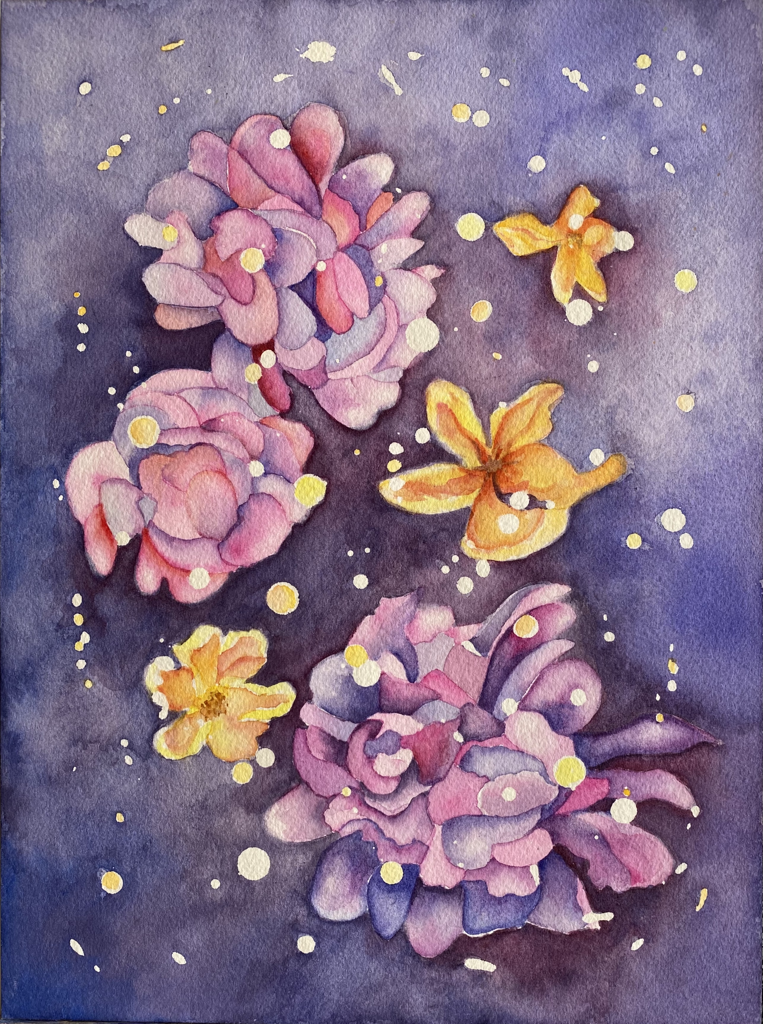 Swirling pink and yellow flowers on a purple ground surrounded by energy burst