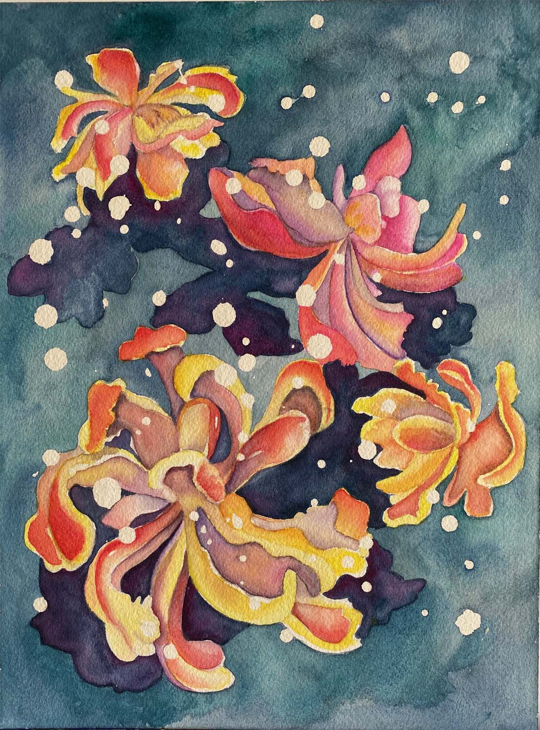 Yellow, orange and pink flowers floating up, mingling with shadows and light energy.