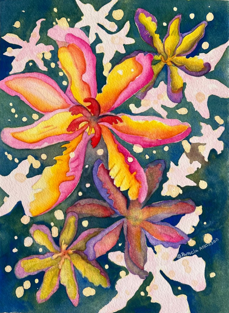 Joyous exchange of energy between large, medium and small flowers. Deep blue green background with yellow, pink, red, purple, light pink and white flower forms.