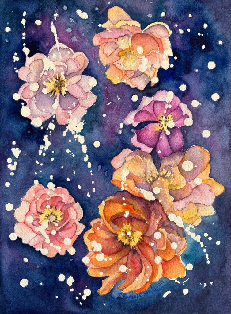 Watercolor painting 12 x 9". The background is a   complex blend of purples dotted with white energy forms. Yellow, pink, coral, orange, purples, and yellow flower forms cascade and reach out to each other. They are floating and moving through space. 