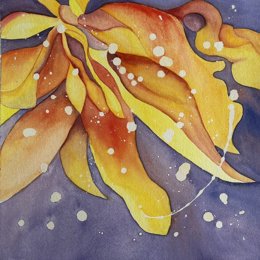 Yellow, orange and deep red petals reaching into the frame of the painting. A blue violet back ground with white energy particles interacting with the form and the ground on the surface of the painting.
