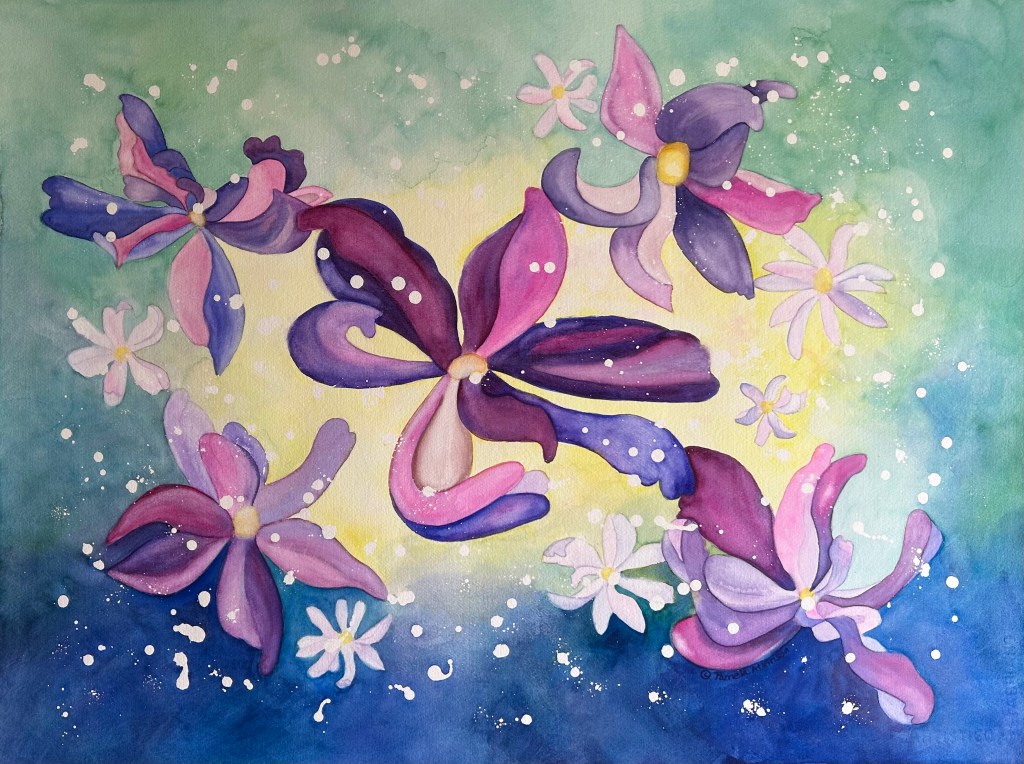 Dancing red violet and pink flowers reach out to one another. Floating on a background of brilliant green and deep ultramarine, the centers glowing yellow invites you into the space.